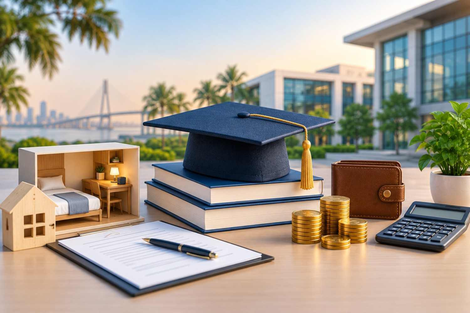 Graduation cap, books, student accommodation model, coins, wallet, calculator and documents representing the components included in BITSoM MBA fees.